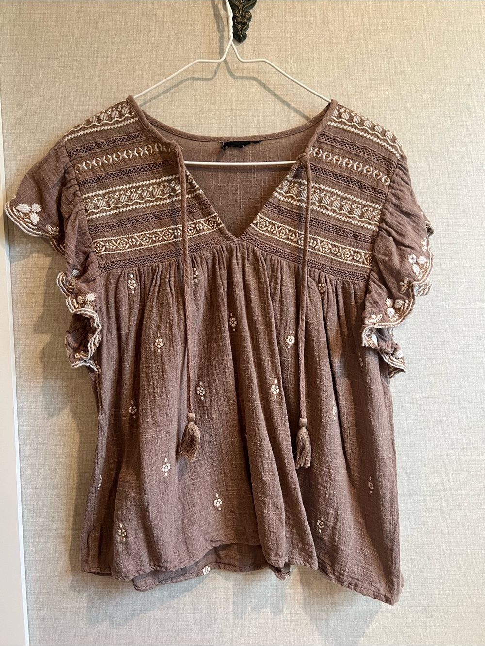 Boho Embroidered Peasant Top in Brown